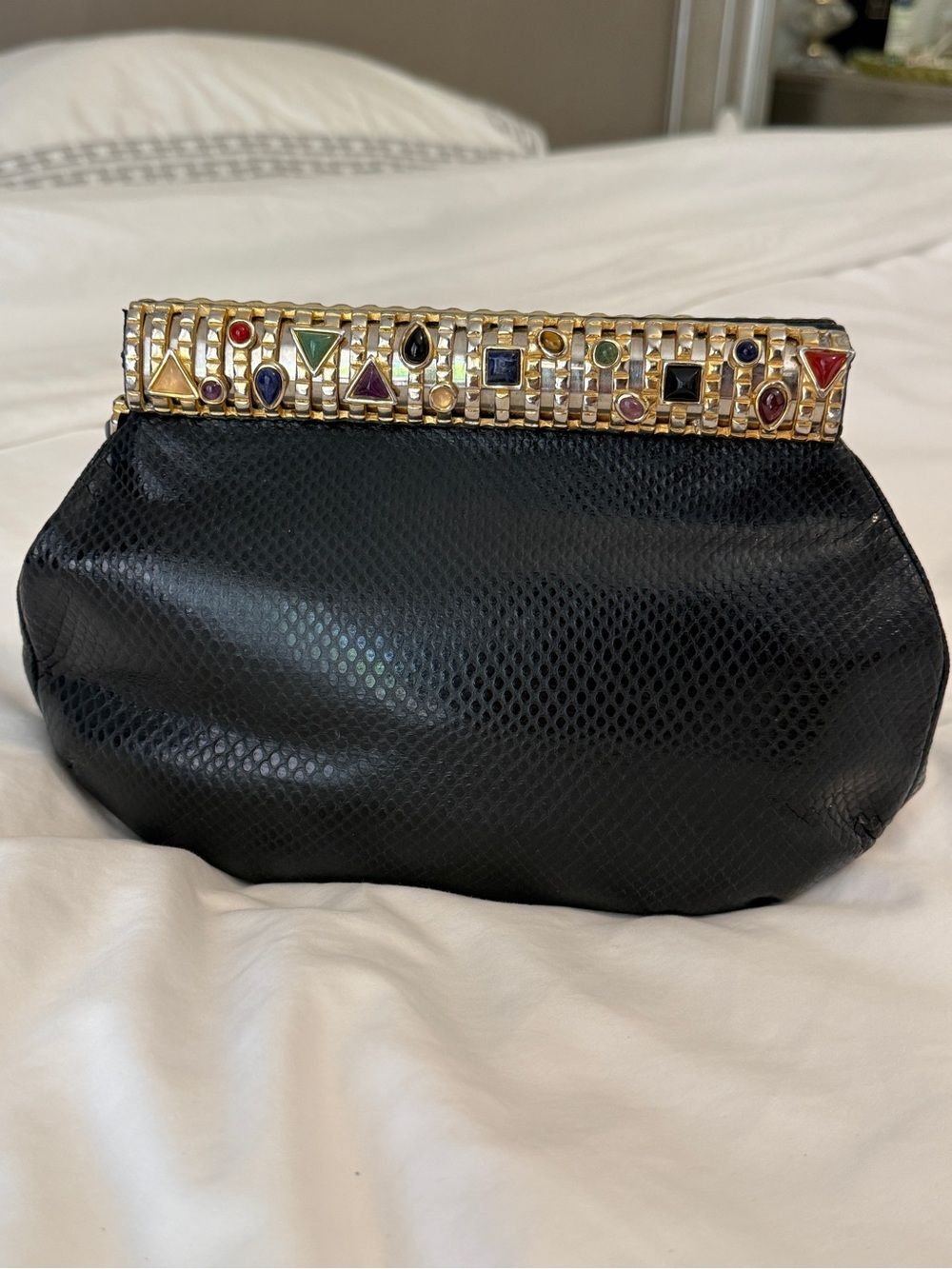 Vintage Karung Snakeskin Jeweled Evening Bag / Clutch